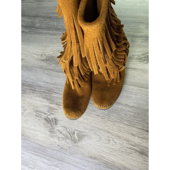 Minnetonka Brown Suede Moccasin Calf Boots 3 Layer Fringe 1632 Women’s Size 6 - Picture 4 of 7